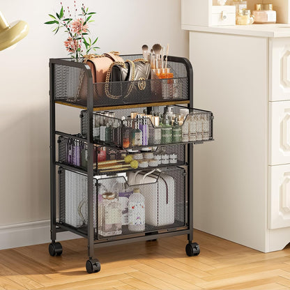 4-Tier Rolling Utility Cart with 3 Drawers-Craft Organizers and Storage with 360° Lockable Wheels,Art Supply Storage Organizer for Art Supplies, Store for Brushes & Paints & Artifacts Patent Pending