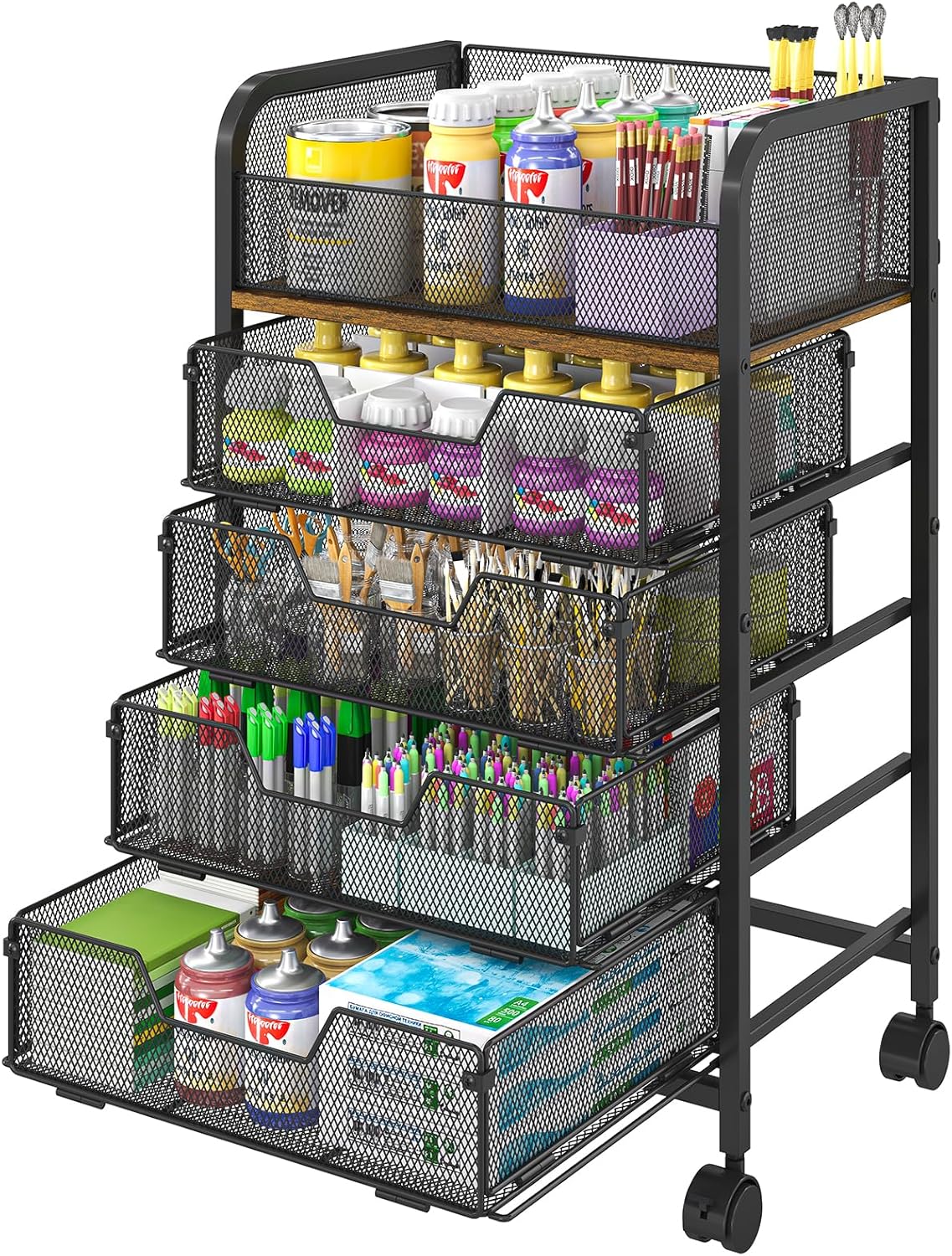 4-Tier Rolling Utility Cart with 3 Drawers-Craft Organizers and Storage with 360° Lockable Wheels,Art Supply Storage Organizer for Art Supplies, Store for Brushes & Paints & Artifacts Patent Pending