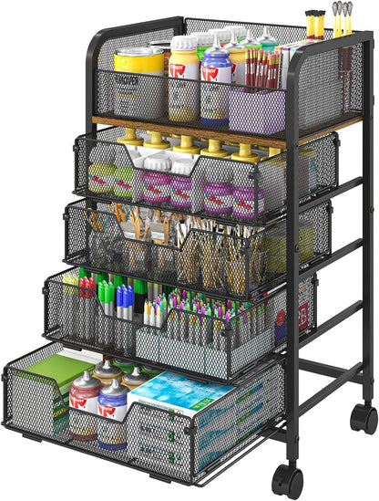 4-Tier Rolling Utility Cart with 3 Drawers-Craft Organizers and Storage with 360° Lockable Wheels,Art Supply Storage Organizer for Art Supplies, Store for Brushes & Paints & Artifacts Patent Pending