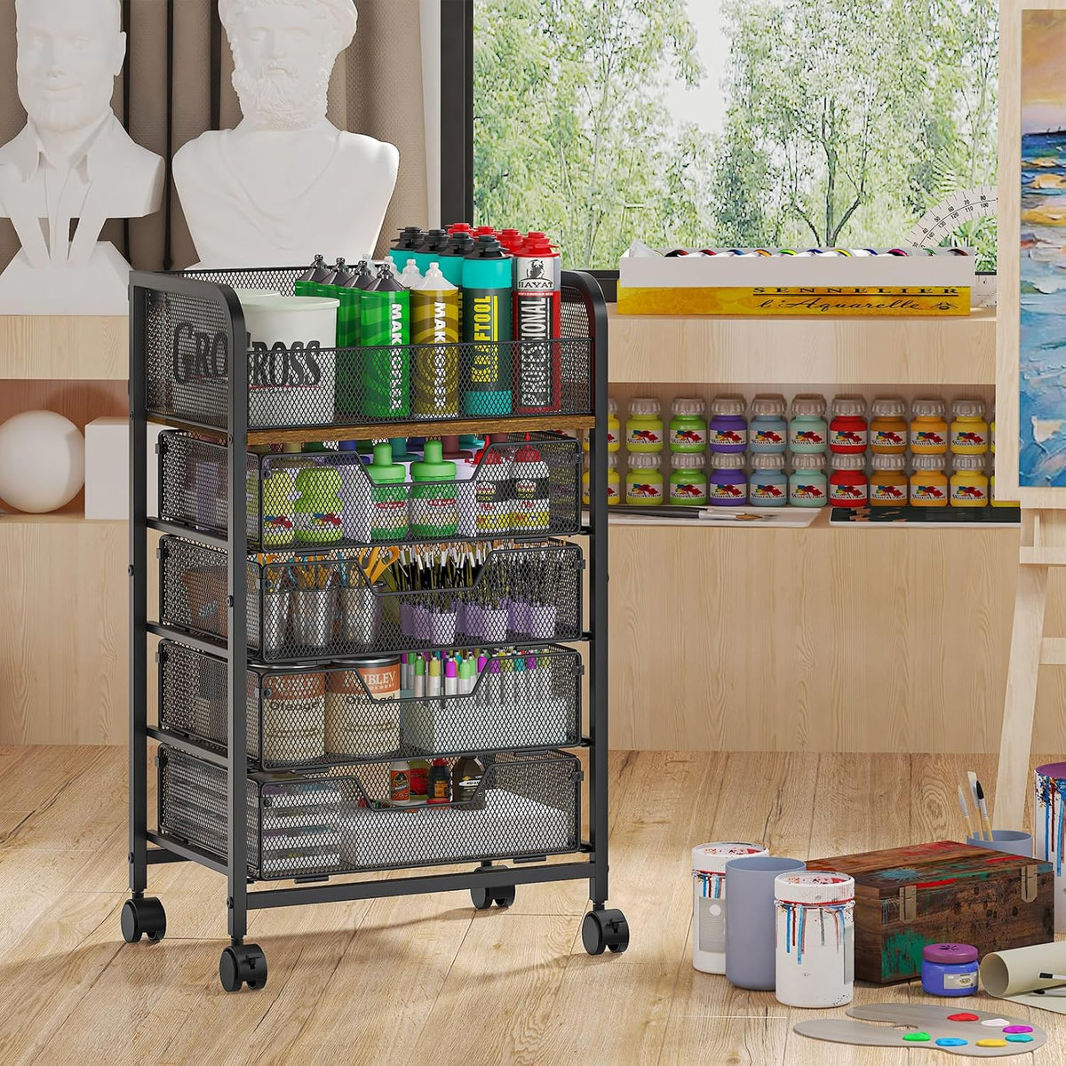 4-Tier Rolling Utility Cart with 3 Drawers-Craft Organizers and Storage with 360° Lockable Wheels,Art Supply Storage Organizer for Art Supplies, Store for Brushes & Paints & Artifacts Patent Pending