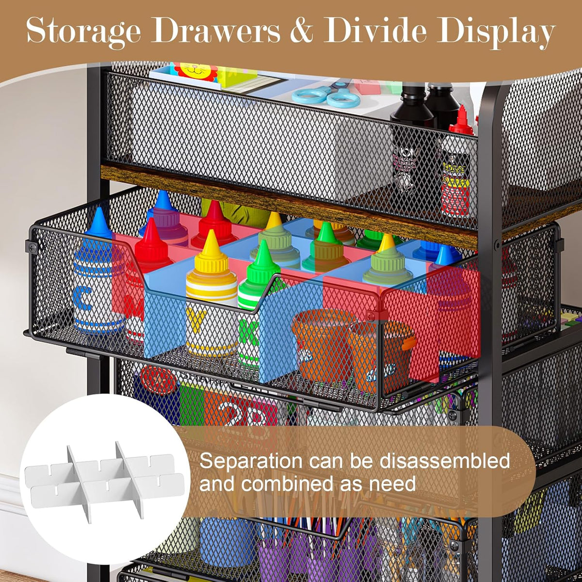4-Tier Rolling Utility Cart with 3 Drawers-Craft Organizers and Storage with 360° Lockable Wheels,Art Supply Storage Organizer for Art Supplies, Store for Brushes & Paints & Artifacts Patent Pending