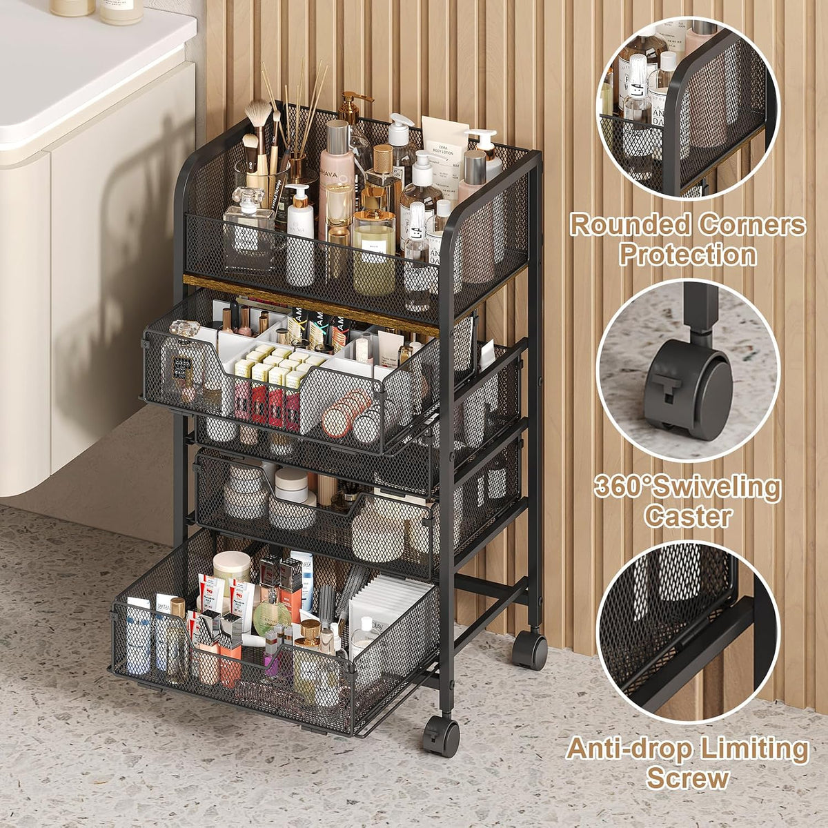 4-Tier Rolling Utility Cart with 3 Drawers-Craft Organizers and Storage with 360° Lockable Wheels,Art Supply Storage Organizer for Art Supplies, Store for Brushes & Paints & Artifacts Patent Pending