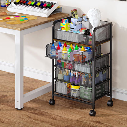 4-Tier Rolling Utility Cart with 3 Drawers-Craft Organizers and Storage with 360° Lockable Wheels,Art Supply Storage Organizer for Art Supplies, Store for Brushes & Paints & Artifacts Patent Pending