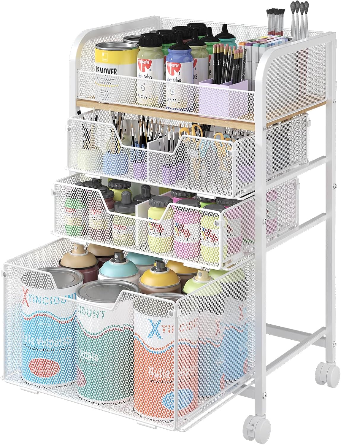 4-Tier Rolling Utility Cart with 3 Drawers-Craft Organizers and Storage with 360° Lockable Wheels,Art Supply Storage Organizer for Art Supplies, Store for Brushes & Paints & Artifacts Patent Pending