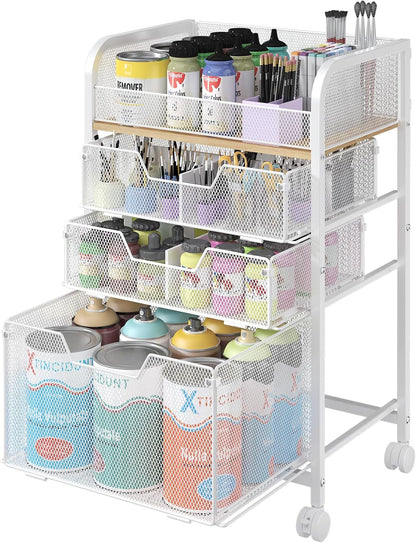 4-Tier Rolling Utility Cart with 3 Drawers-Craft Organizers and Storage with 360° Lockable Wheels,Art Supply Storage Organizer for Art Supplies, Store for Brushes & Paints & Artifacts Patent Pending