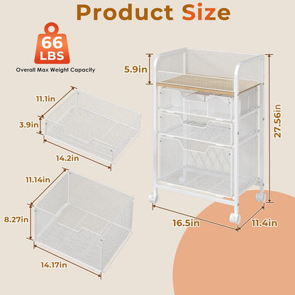 4-Tier Rolling Utility Cart with 3 Drawers-Craft Organizers and Storage with 360° Lockable Wheels,Art Supply Storage Organizer for Art Supplies, Store for Brushes & Paints & Artifacts Patent Pending