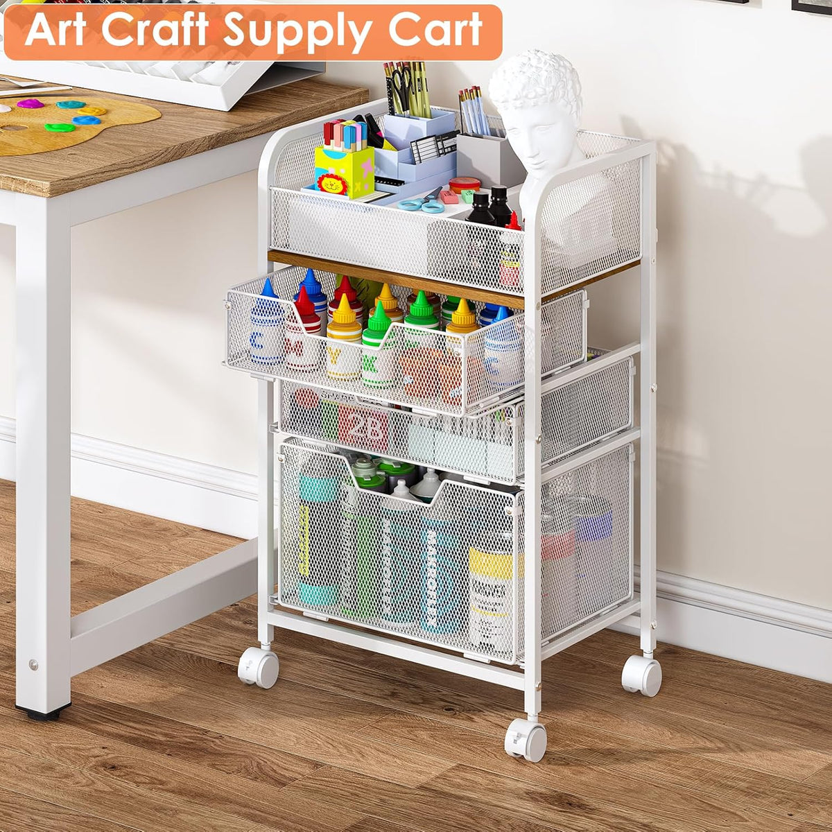 4-Tier Rolling Utility Cart with 3 Drawers-Craft Organizers and Storage with 360° Lockable Wheels,Art Supply Storage Organizer for Art Supplies, Store for Brushes & Paints & Artifacts Patent Pending