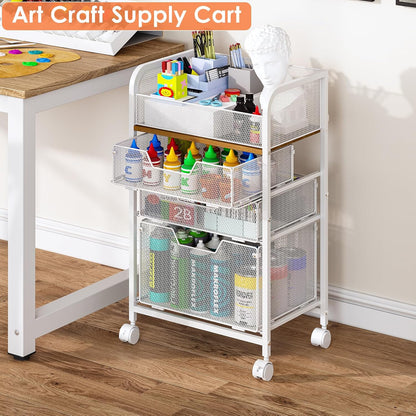 4-Tier Rolling Utility Cart with 3 Drawers-Craft Organizers and Storage with 360° Lockable Wheels,Art Supply Storage Organizer for Art Supplies, Store for Brushes & Paints & Artifacts Patent Pending