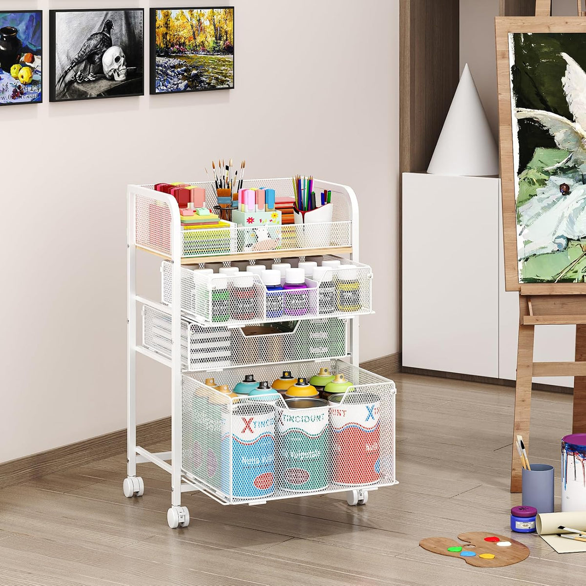 4-Tier Rolling Utility Cart with 3 Drawers-Craft Organizers and Storage with 360° Lockable Wheels,Art Supply Storage Organizer for Art Supplies, Store for Brushes & Paints & Artifacts Patent Pending
