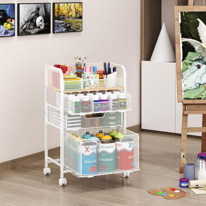 4-Tier Rolling Utility Cart with 3 Drawers-Craft Organizers and Storage with 360° Lockable Wheels,Art Supply Storage Organizer for Art Supplies, Store for Brushes & Paints & Artifacts Patent Pending