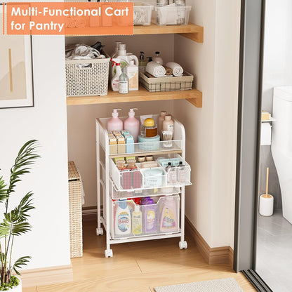 4-Tier Rolling Utility Cart with 3 Drawers-Craft Organizers and Storage with 360° Lockable Wheels,Art Supply Storage Organizer for Art Supplies, Store for Brushes & Paints & Artifacts Patent Pending