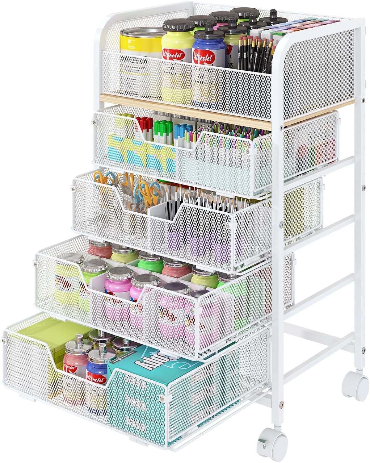 4-Tier Rolling Utility Cart with 3 Drawers-Craft Organizers and Storage with 360° Lockable Wheels,Art Supply Storage Organizer for Art Supplies, Store for Brushes & Paints & Artifacts Patent Pending