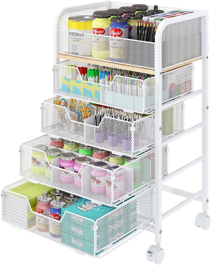 4-Tier Rolling Utility Cart with 3 Drawers-Craft Organizers and Storage with 360° Lockable Wheels,Art Supply Storage Organizer for Art Supplies, Store for Brushes & Paints & Artifacts Patent Pending