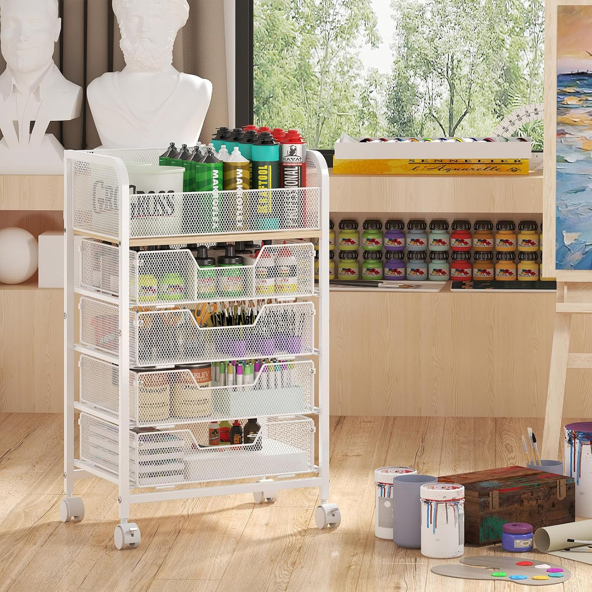 4-Tier Rolling Utility Cart with 3 Drawers-Craft Organizers and Storage with 360° Lockable Wheels,Art Supply Storage Organizer for Art Supplies, Store for Brushes & Paints & Artifacts Patent Pending