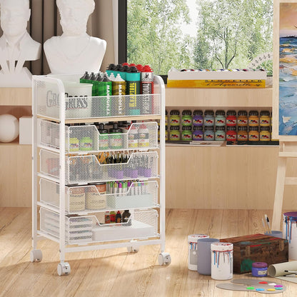 4-Tier Rolling Utility Cart with 3 Drawers-Craft Organizers and Storage with 360° Lockable Wheels,Art Supply Storage Organizer for Art Supplies, Store for Brushes & Paints & Artifacts Patent Pending