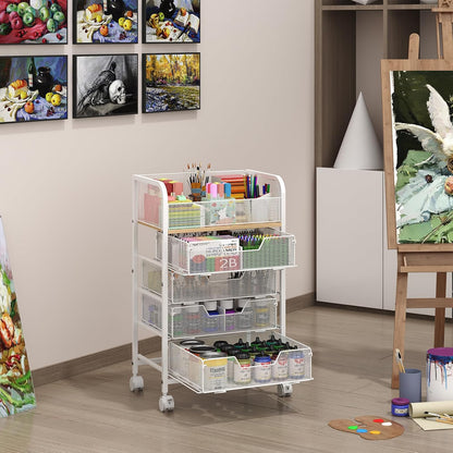 4-Tier Rolling Utility Cart with 3 Drawers-Craft Organizers and Storage with 360° Lockable Wheels,Art Supply Storage Organizer for Art Supplies, Store for Brushes & Paints & Artifacts Patent Pending