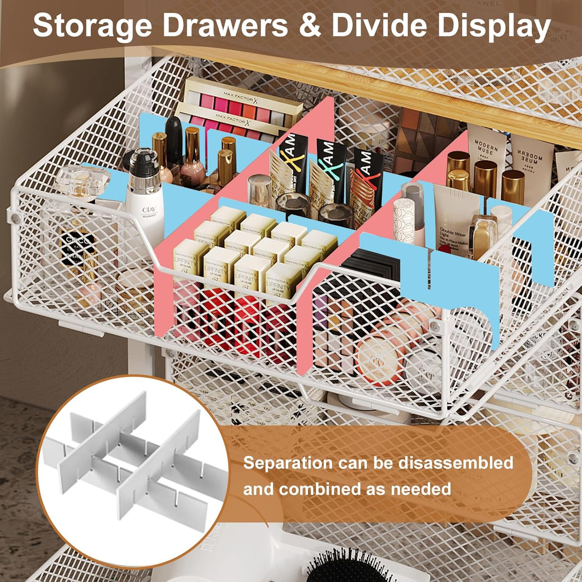 4-Tier Rolling Utility Cart with 3 Drawers-Craft Organizers and Storage with 360° Lockable Wheels,Art Supply Storage Organizer for Art Supplies, Store for Brushes & Paints & Artifacts Patent Pending
