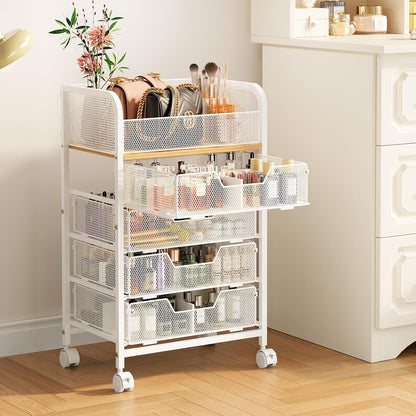 4-Tier Rolling Utility Cart with 3 Drawers-Craft Organizers and Storage with 360° Lockable Wheels,Art Supply Storage Organizer for Art Supplies, Store for Brushes & Paints & Artifacts Patent Pending