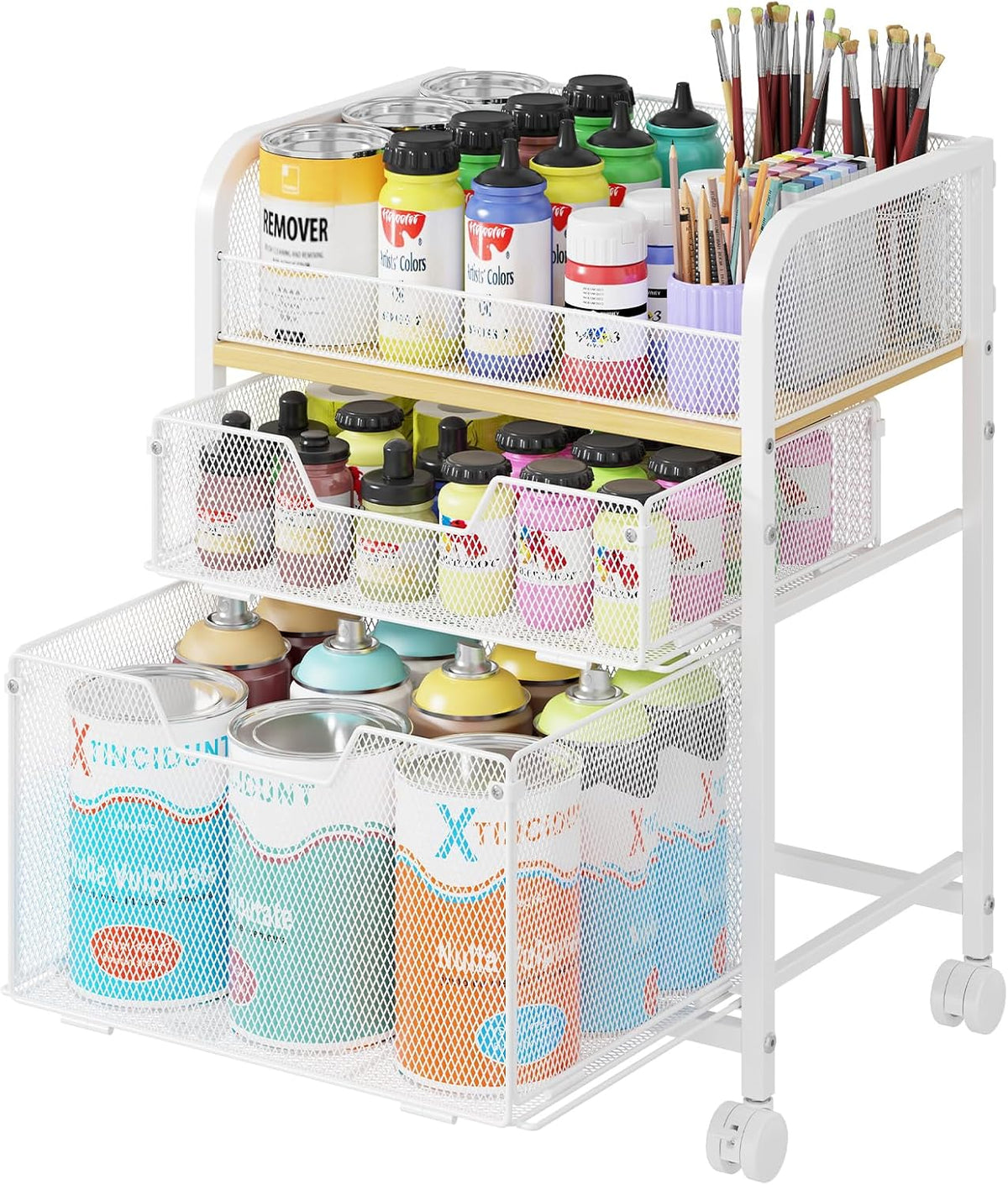 4-Tier Rolling Utility Cart with 3 Drawers-Craft Organizers and Storage with 360° Lockable Wheels,Art Supply Storage Organizer for Art Supplies, Store for Brushes & Paints & Artifacts Patent Pending