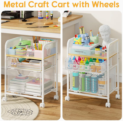 4-Tier Rolling Utility Cart with 3 Drawers-Craft Organizers and Storage with 360° Lockable Wheels,Art Supply Storage Organizer for Art Supplies, Store for Brushes & Paints & Artifacts Patent Pending