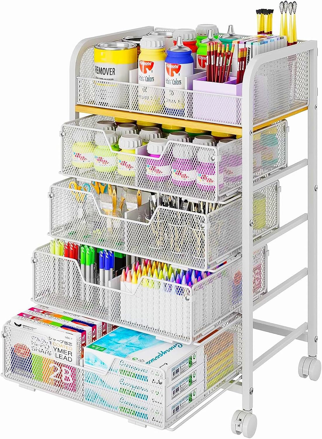 4-Tier Rolling Utility Cart with 3 Drawers-Craft Organizers and Storage with 360° Lockable Wheels,Art Supply Storage Organizer for Art Supplies, Store for Brushes & Paints & Artifacts Patent Pending