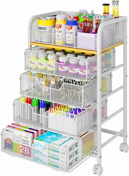 4-Tier Rolling Utility Cart with 3 Drawers-Craft Organizers and Storage with 360° Lockable Wheels,Art Supply Storage Organizer for Art Supplies, Store for Brushes & Paints & Artifacts Patent Pending