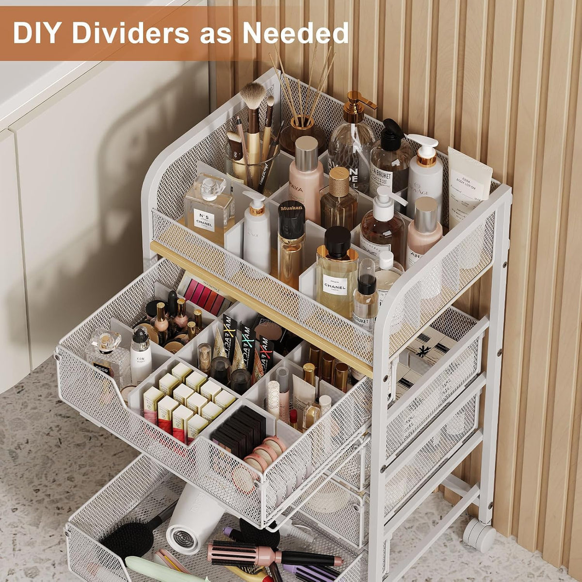 4-Tier Rolling Utility Cart with 3 Drawers-Craft Organizers and Storage with 360° Lockable Wheels,Art Supply Storage Organizer for Art Supplies, Store for Brushes & Paints & Artifacts Patent Pending