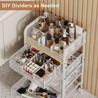 4-Tier Rolling Utility Cart with 3 Drawers-Craft Organizers and Storage with 360° Lockable Wheels,Art Supply Storage Organizer for Art Supplies, Store for Brushes & Paints & Artifacts Patent Pending