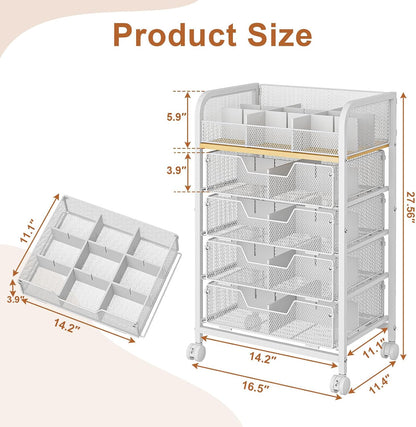 4-Tier Rolling Utility Cart with 3 Drawers-Craft Organizers and Storage with 360° Lockable Wheels,Art Supply Storage Organizer for Art Supplies, Store for Brushes & Paints & Artifacts Patent Pending