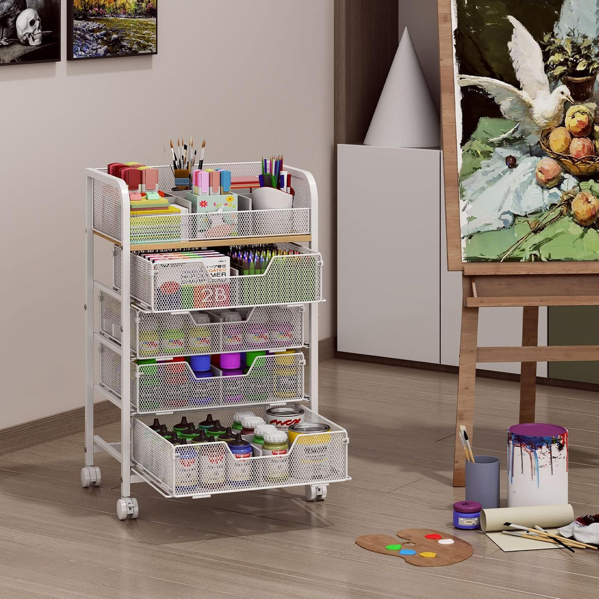 4-Tier Rolling Utility Cart with 3 Drawers-Craft Organizers and Storage with 360° Lockable Wheels,Art Supply Storage Organizer for Art Supplies, Store for Brushes & Paints & Artifacts Patent Pending