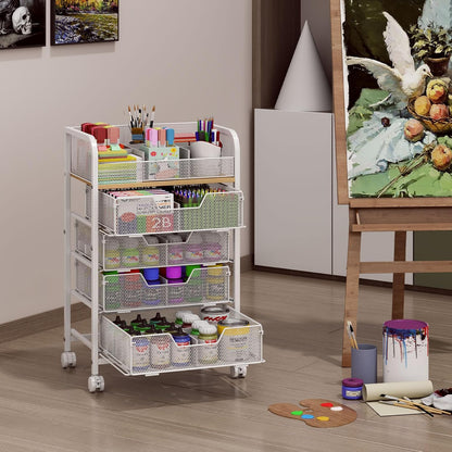 4-Tier Rolling Utility Cart with 3 Drawers-Craft Organizers and Storage with 360° Lockable Wheels,Art Supply Storage Organizer for Art Supplies, Store for Brushes & Paints & Artifacts Patent Pending