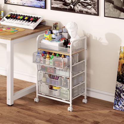 4-Tier Rolling Utility Cart with 3 Drawers-Craft Organizers and Storage with 360° Lockable Wheels,Art Supply Storage Organizer for Art Supplies, Store for Brushes & Paints & Artifacts Patent Pending