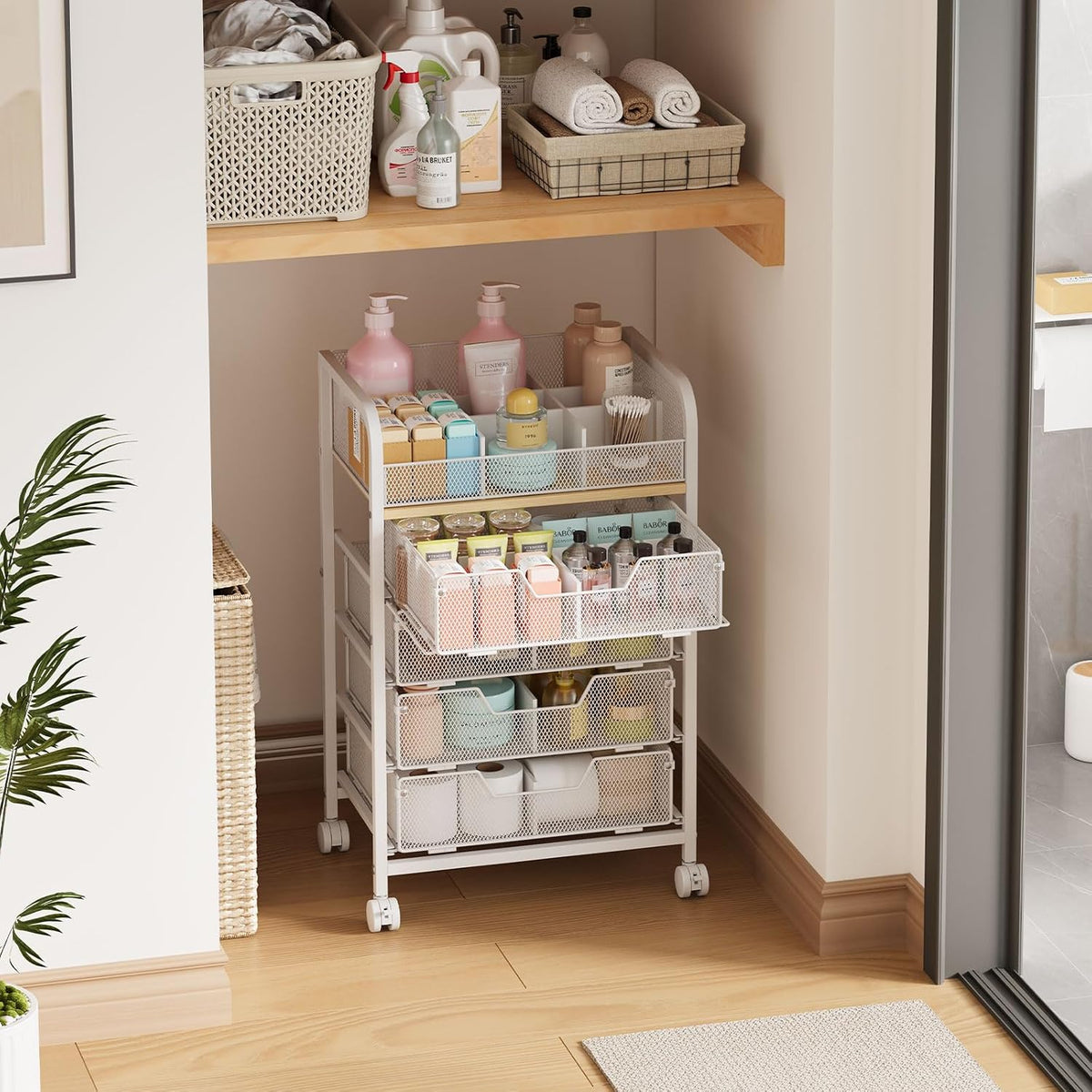 4-Tier Rolling Utility Cart with 3 Drawers-Craft Organizers and Storage with 360° Lockable Wheels,Art Supply Storage Organizer for Art Supplies, Store for Brushes & Paints & Artifacts Patent Pending