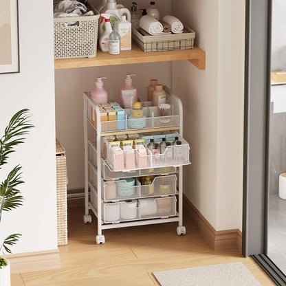 4-Tier Rolling Utility Cart with 3 Drawers-Craft Organizers and Storage with 360° Lockable Wheels,Art Supply Storage Organizer for Art Supplies, Store for Brushes & Paints & Artifacts Patent Pending