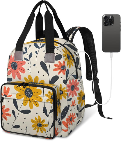 Cute Daisly Flowers Diaper Bag Backpack for Travel, Waterproof Diaper Bag with Insulated Bottle Pockets & USB Port, Large Capacity Baby Bag for Moms & Dads
