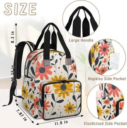 Cute Daisly Flowers Diaper Bag Backpack for Travel, Waterproof Diaper Bag with Insulated Bottle Pockets & USB Port, Large Capacity Baby Bag for Moms & Dads