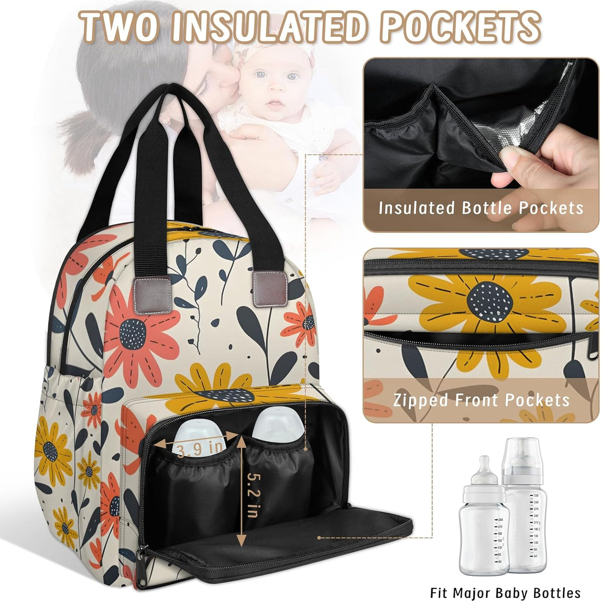Cute Daisly Flowers Diaper Bag Backpack for Travel, Waterproof Diaper Bag with Insulated Bottle Pockets & USB Port, Large Capacity Baby Bag for Moms & Dads