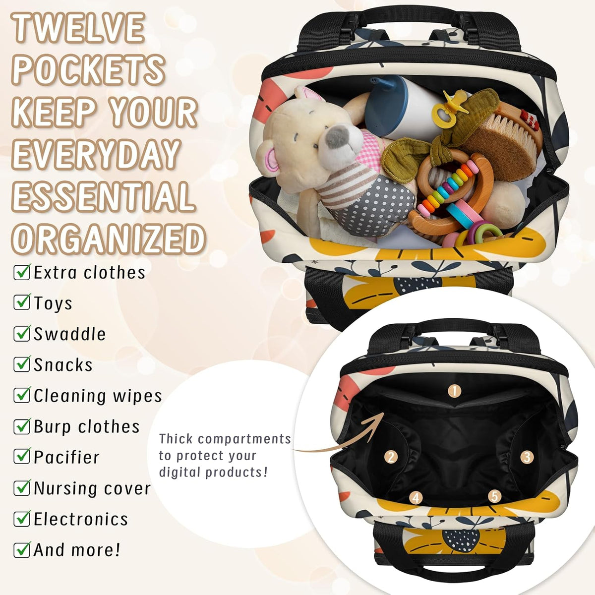 Cute Daisly Flowers Diaper Bag Backpack for Travel, Waterproof Diaper Bag with Insulated Bottle Pockets & USB Port, Large Capacity Baby Bag for Moms & Dads