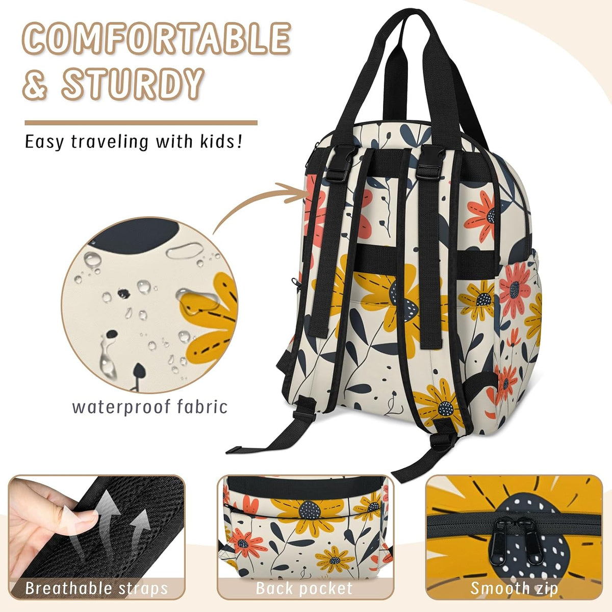 Cute Daisly Flowers Diaper Bag Backpack for Travel, Waterproof Diaper Bag with Insulated Bottle Pockets & USB Port, Large Capacity Baby Bag for Moms & Dads