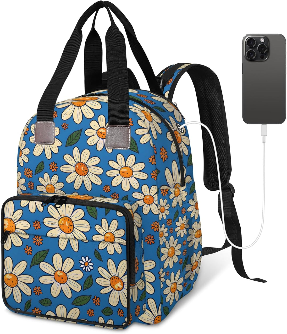 Cute Daisly Flowers Diaper Bag Backpack for Travel, Waterproof Diaper Bag with Insulated Bottle Pockets & USB Port, Large Capacity Baby Bag for Moms & Dads