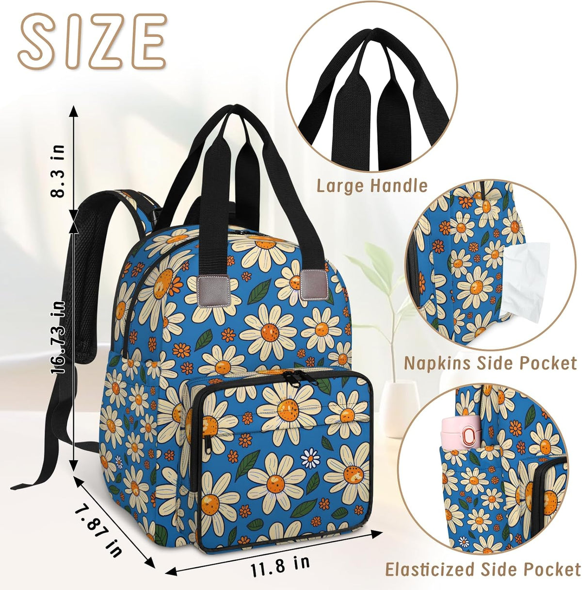 Cute Daisly Flowers Diaper Bag Backpack for Travel, Waterproof Diaper Bag with Insulated Bottle Pockets & USB Port, Large Capacity Baby Bag for Moms & Dads