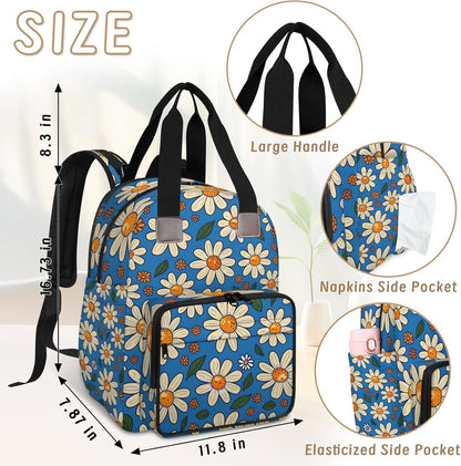 Cute Daisly Flowers Diaper Bag Backpack for Travel, Waterproof Diaper Bag with Insulated Bottle Pockets & USB Port, Large Capacity Baby Bag for Moms & Dads