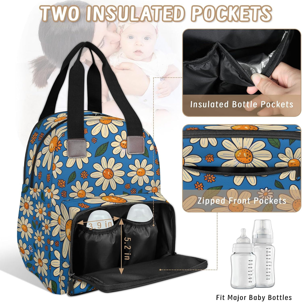 Cute Daisly Flowers Diaper Bag Backpack for Travel, Waterproof Diaper Bag with Insulated Bottle Pockets & USB Port, Large Capacity Baby Bag for Moms & Dads