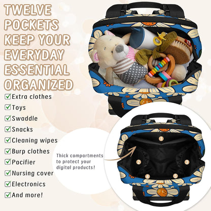 Cute Daisly Flowers Diaper Bag Backpack for Travel, Waterproof Diaper Bag with Insulated Bottle Pockets & USB Port, Large Capacity Baby Bag for Moms & Dads
