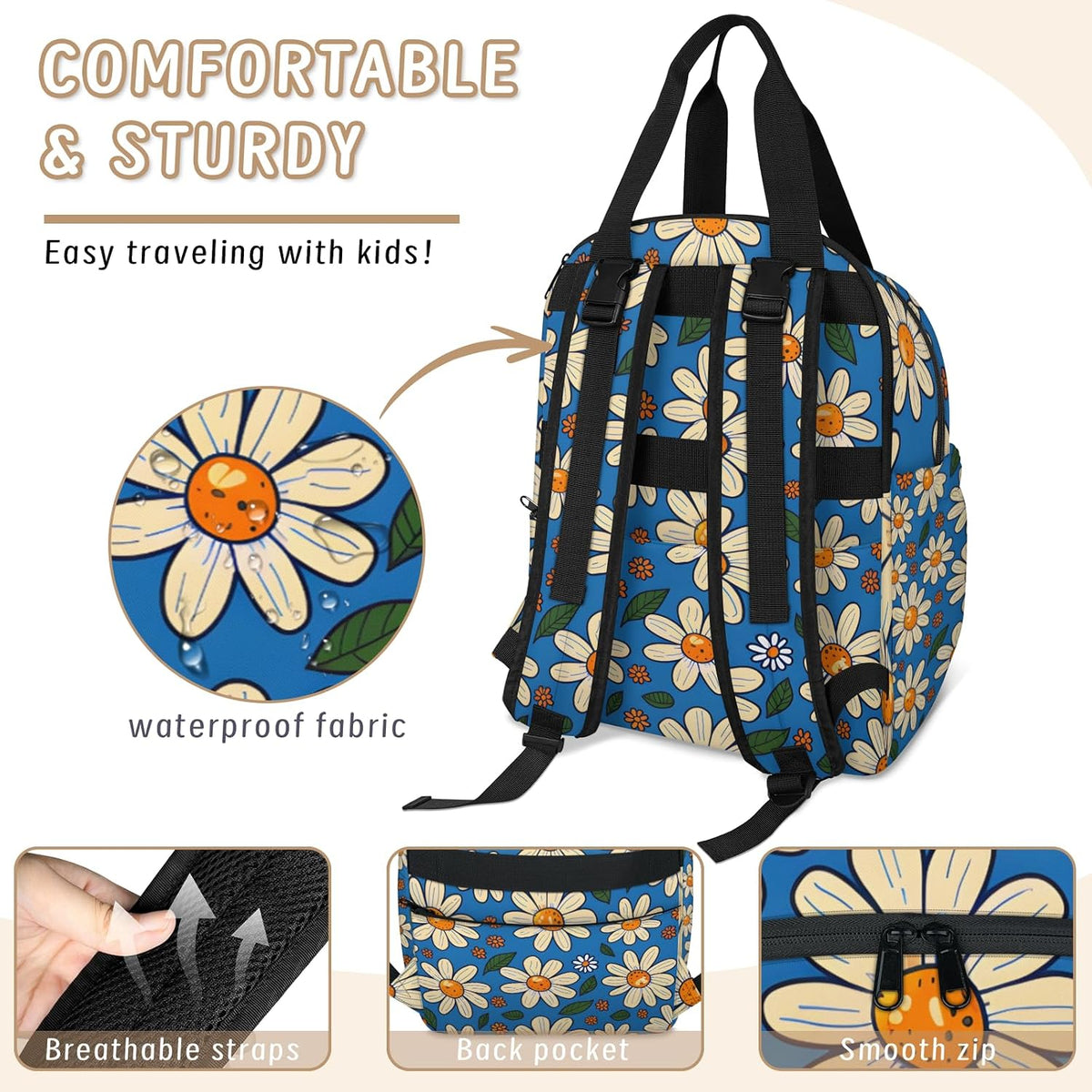 Cute Daisly Flowers Diaper Bag Backpack for Travel, Waterproof Diaper Bag with Insulated Bottle Pockets & USB Port, Large Capacity Baby Bag for Moms & Dads
