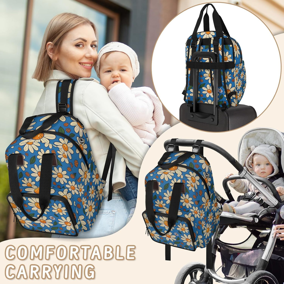 Cute Daisly Flowers Diaper Bag Backpack for Travel, Waterproof Diaper Bag with Insulated Bottle Pockets & USB Port, Large Capacity Baby Bag for Moms & Dads
