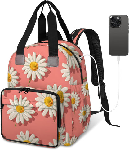 Cute Daisly Flowers Diaper Bag Backpack for Travel, Waterproof Diaper Bag with Insulated Bottle Pockets & USB Port, Large Capacity Baby Bag for Moms & Dads