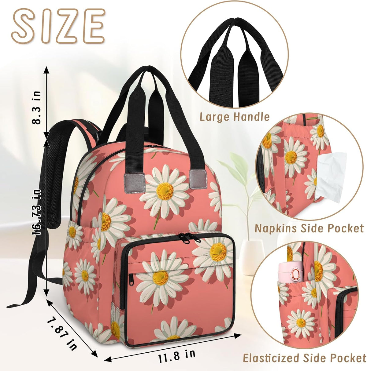 Cute Daisly Flowers Diaper Bag Backpack for Travel, Waterproof Diaper Bag with Insulated Bottle Pockets & USB Port, Large Capacity Baby Bag for Moms & Dads