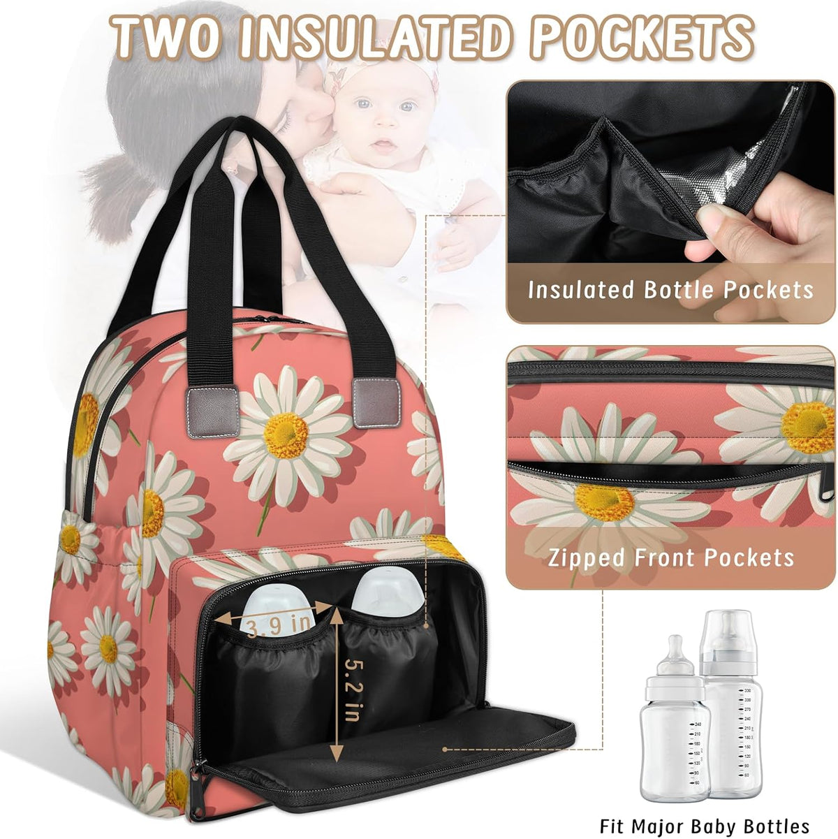 Cute Daisly Flowers Diaper Bag Backpack for Travel, Waterproof Diaper Bag with Insulated Bottle Pockets & USB Port, Large Capacity Baby Bag for Moms & Dads
