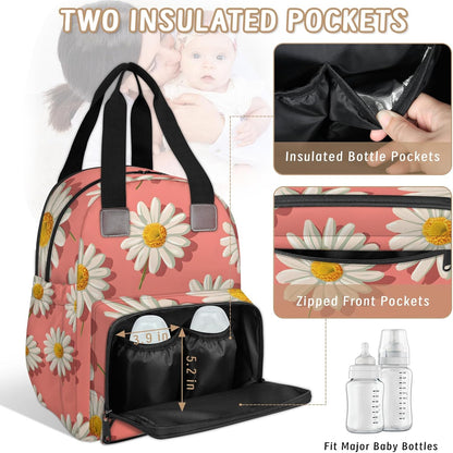 Cute Daisly Flowers Diaper Bag Backpack for Travel, Waterproof Diaper Bag with Insulated Bottle Pockets & USB Port, Large Capacity Baby Bag for Moms & Dads
